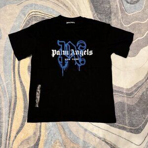 Palm Angels Blue Grafitti PA New York Logo Black T-Shirt Size Large